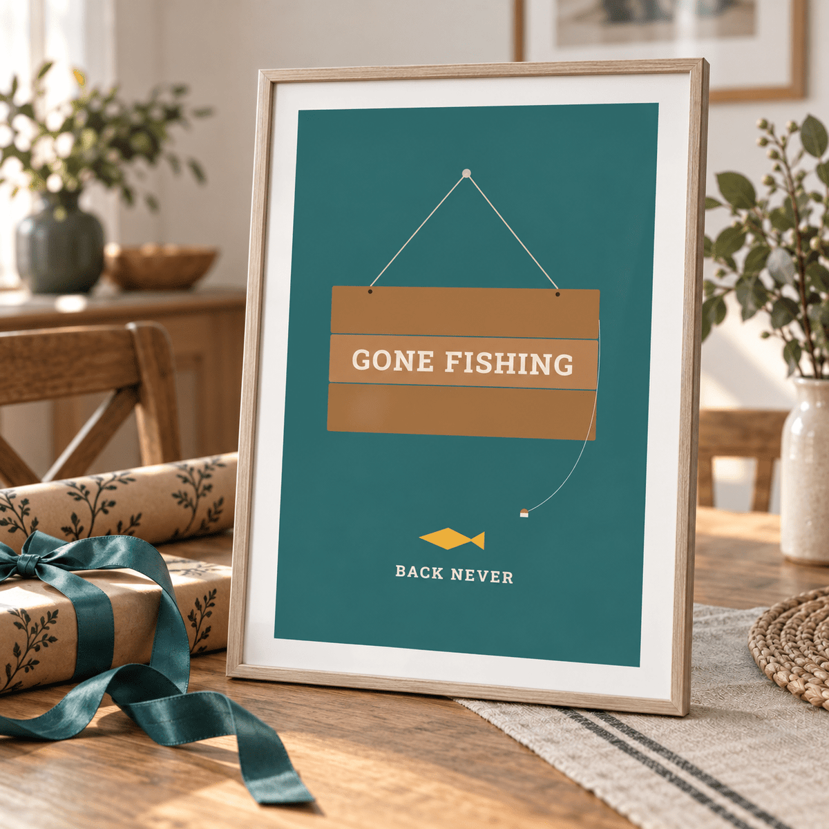 Gone fishing sign print propped on a table ready to give as a gift