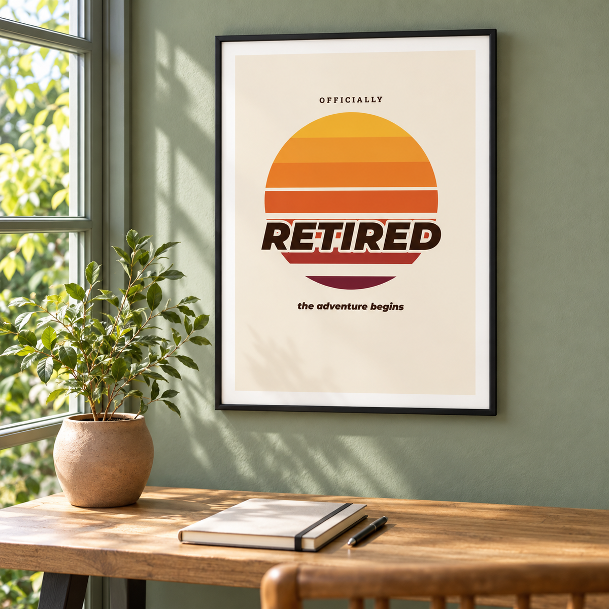 Retro sunset retired print in a garden room filled with green plants