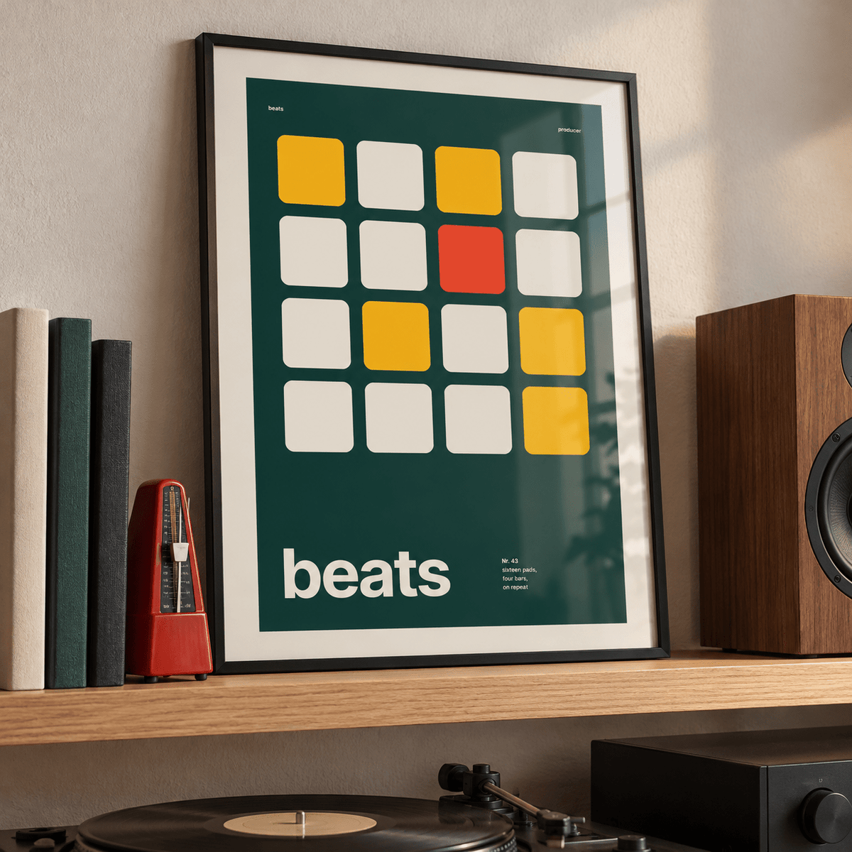 Drum pad grid print leaning on a picture ledge in a music room