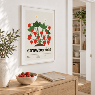 Strawberry plant print above a counter beside open kitchen shelving