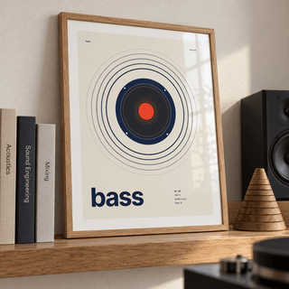 Bass speaker with wide rings print leaning on a picture ledge in a music room