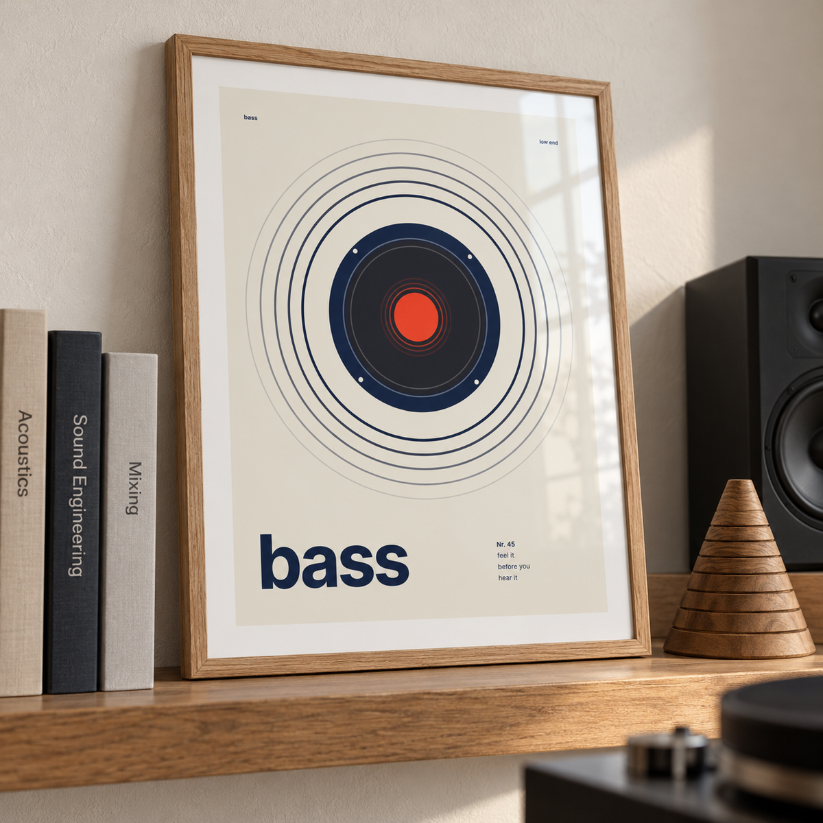 Bass speaker with wide rings print leaning on a picture ledge in a music room