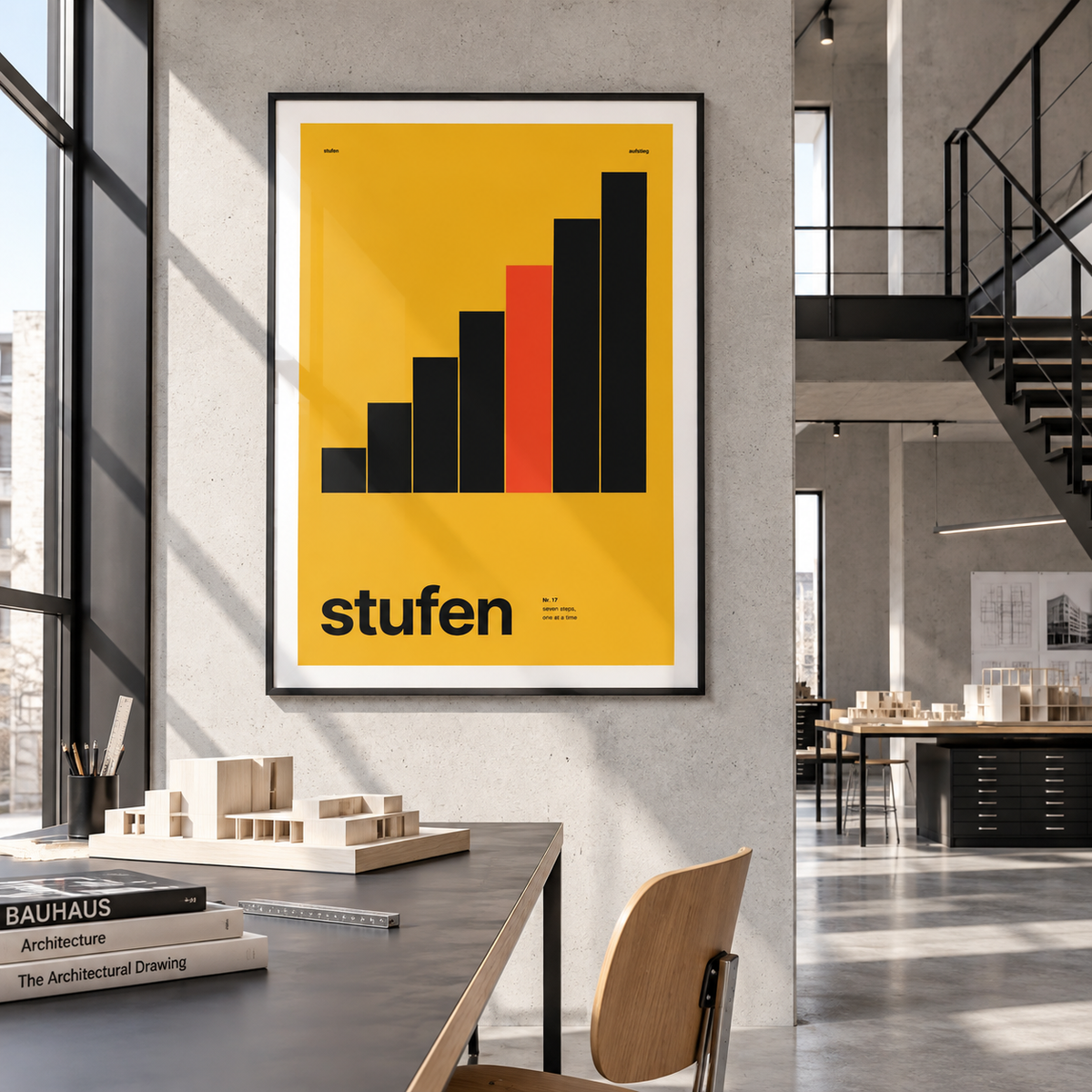 Black bars rising like steps print in a modernist studio