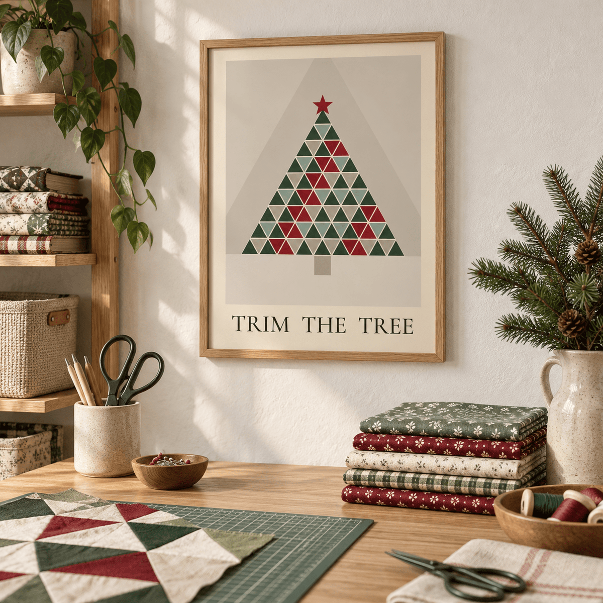 Patchwork quilt Christmas tree print in a sewing room at Christmas