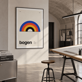 Nested rainbow arches print in a modernist studio