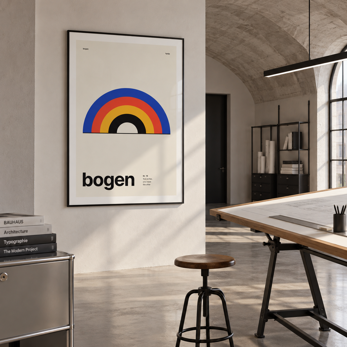 Nested rainbow arches print in a modernist studio