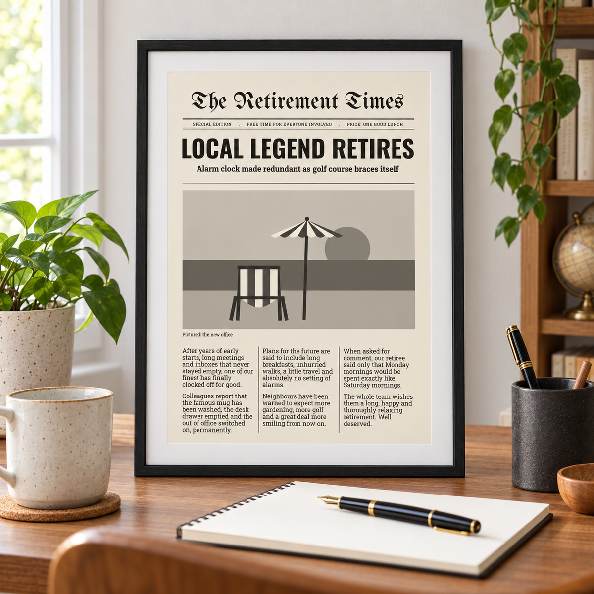 Retirement Times newspaper print above a desk in a quiet home study