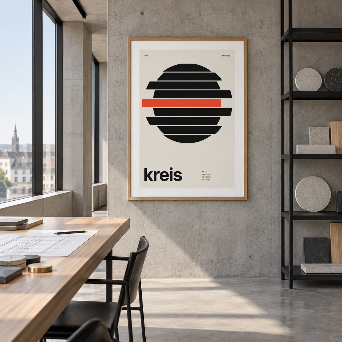 Black circle in horizontal slices print in a modernist studio