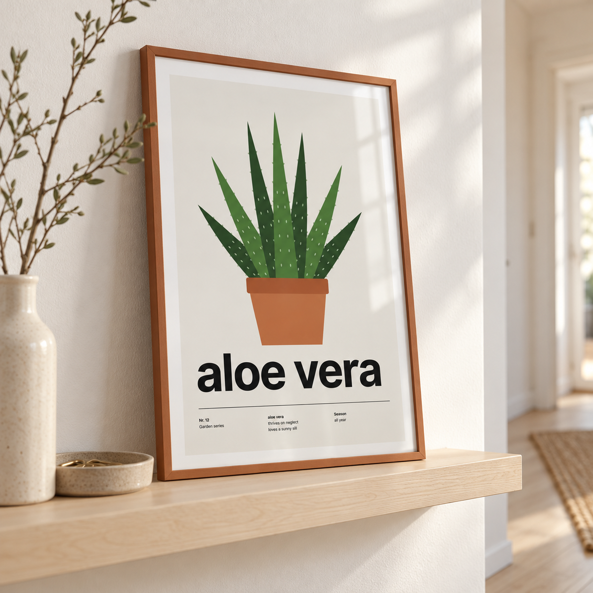Aloe vera plant print on a ledge in a bright hallway