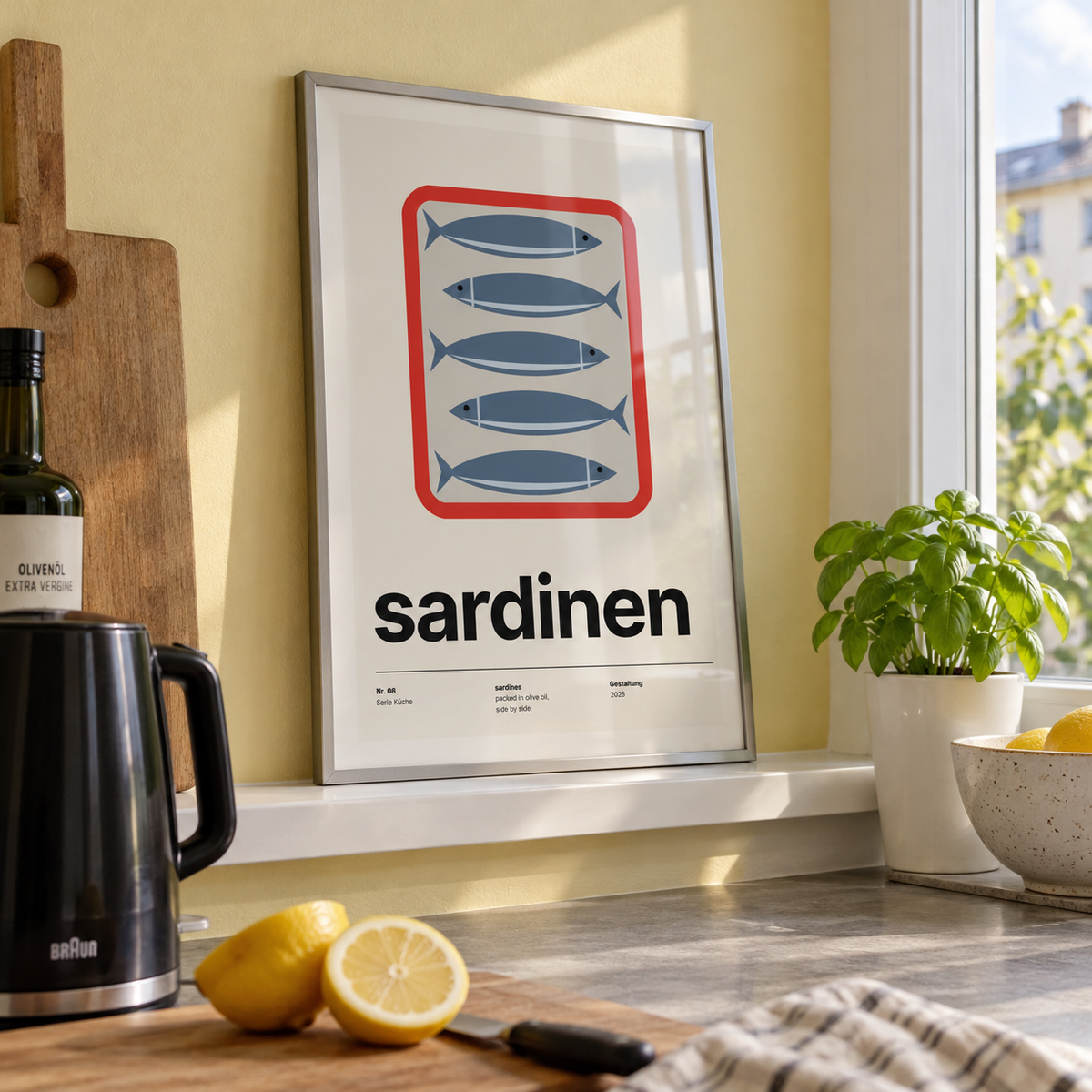 Open tin of sardines print on a ledge in a kitchen window against a yellow wall