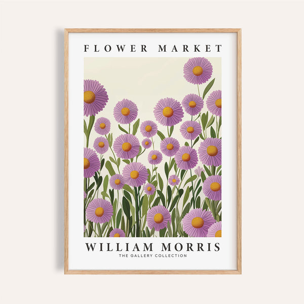 Purple floral wall art featuring William Morris flower market design for vintage decor