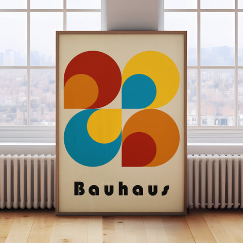 Bauhaus style wall art with geometric shapes in bold primary colours