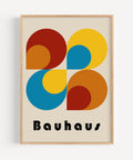 Bauhaus style wall art with geometric shapes in bold primary colours