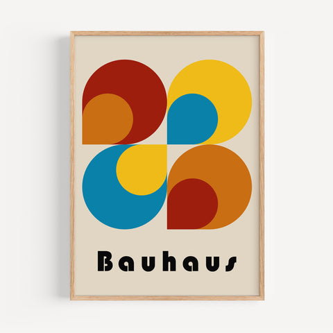 Bauhaus style wall art with geometric shapes in bold primary colours