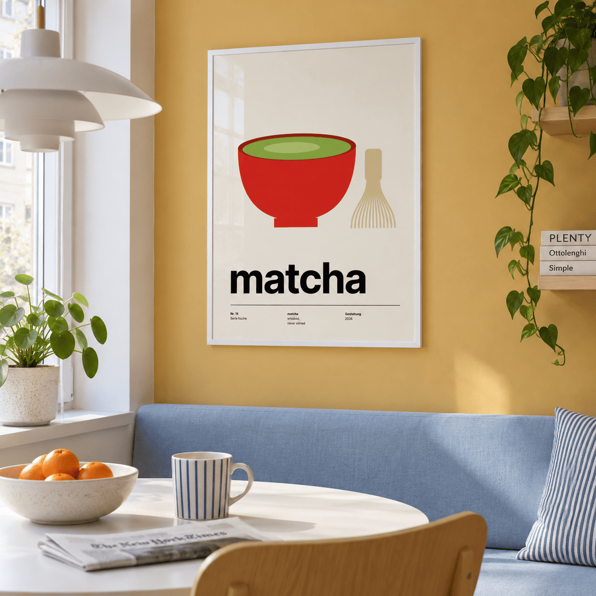 Red bowl of green matcha print in an ochre breakfast nook