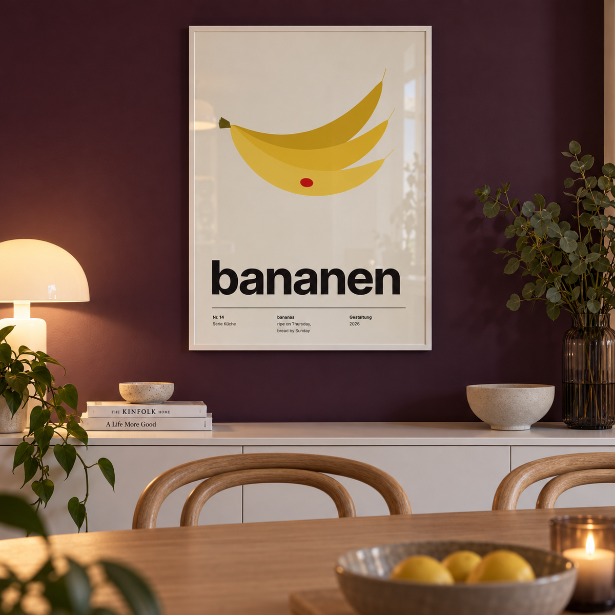 Bunch of three bananas print in a dining against an aubergine wall