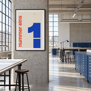 Giant cobalt number 1 print in a modernist studio