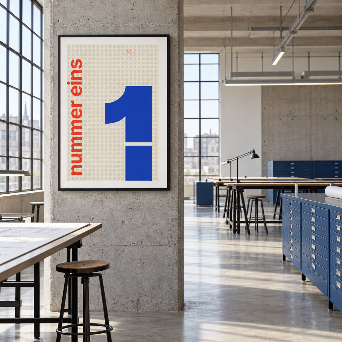Giant cobalt number 1 print in a modernist studio
