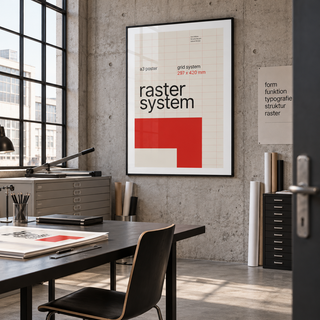 Swiss grid system poster in a modernist studio