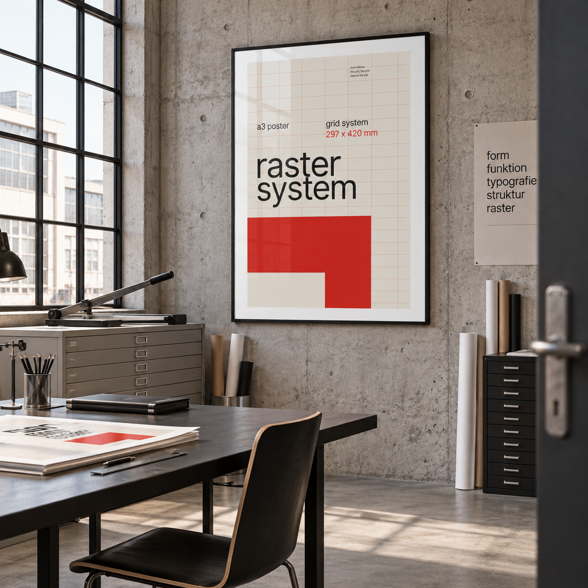 Swiss grid system poster in a modernist studio