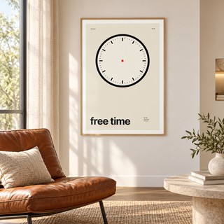 Clock with no hands print beside a sunny window in a living room