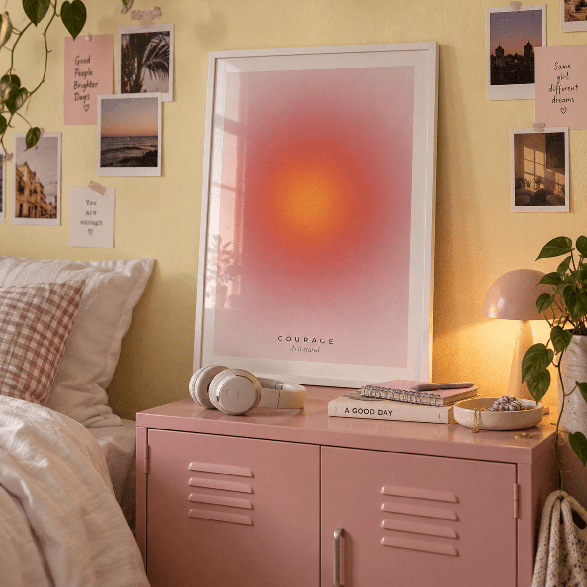 Red and orange aura print above a locker in a teen bedroom