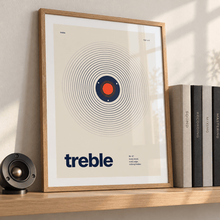 Treble speaker with tight rings print leaning on a picture ledge in a music room