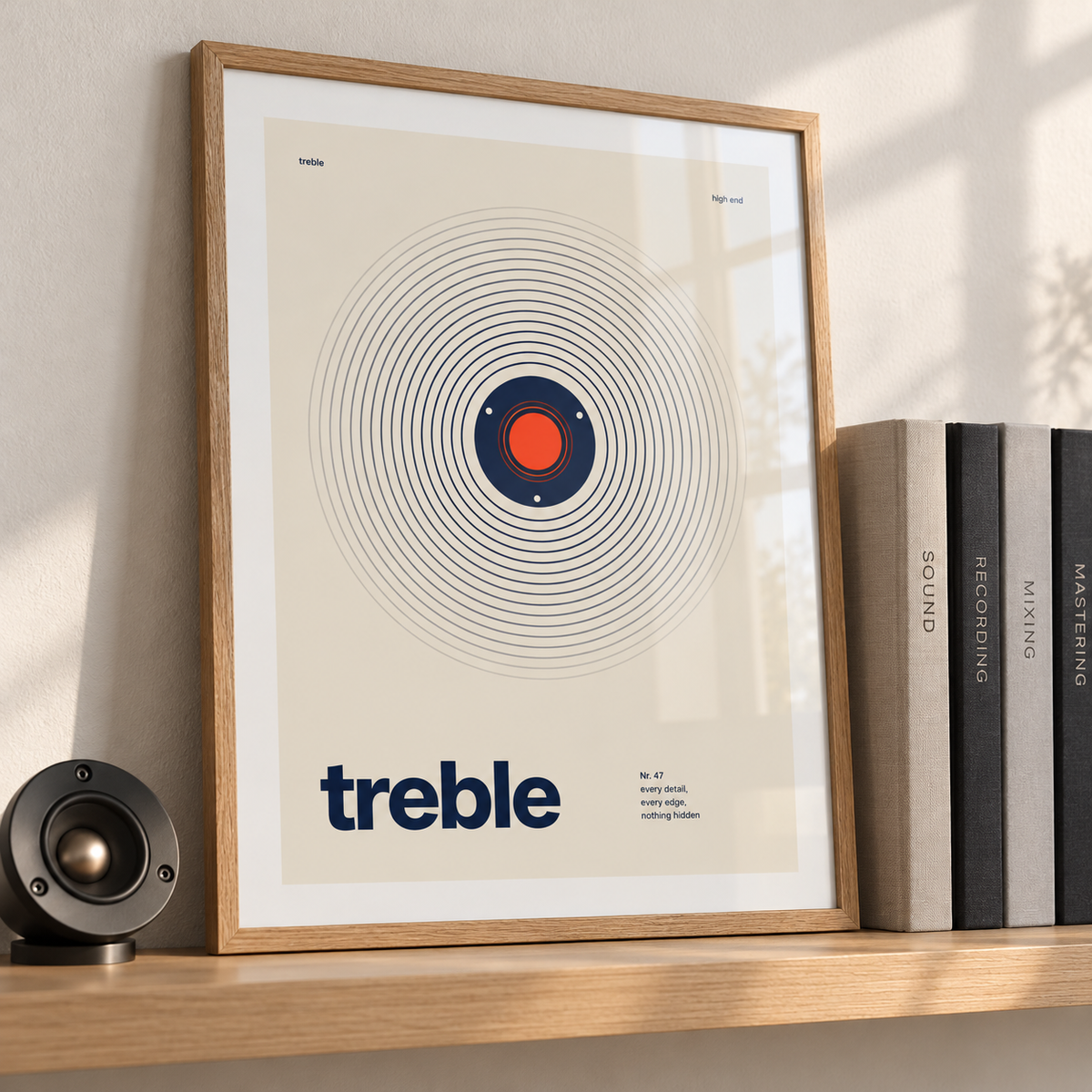 Treble speaker with tight rings print leaning on a picture ledge in a music room