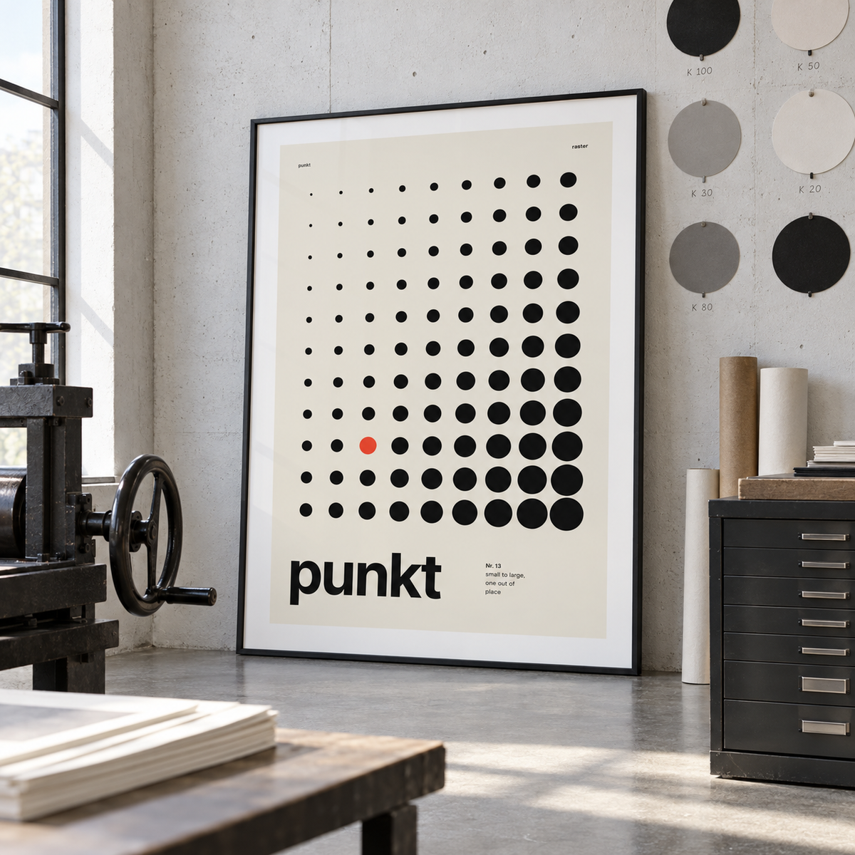 Halftone dot grid print in a modernist studio