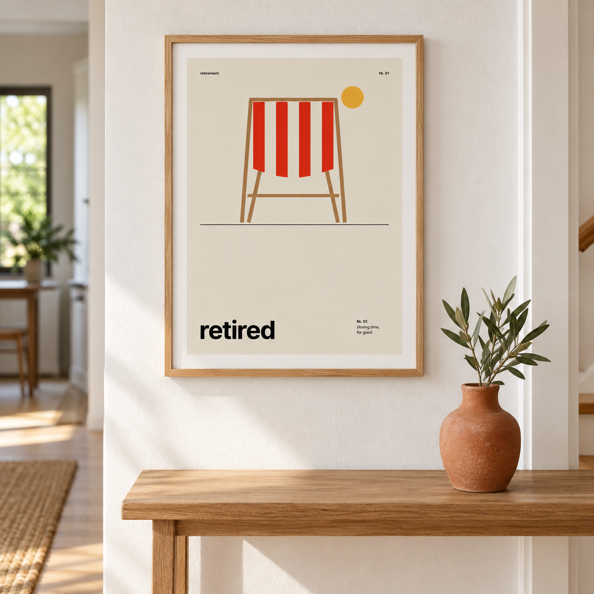 Striped deckchair retirement print on the wall of a welcoming hallway