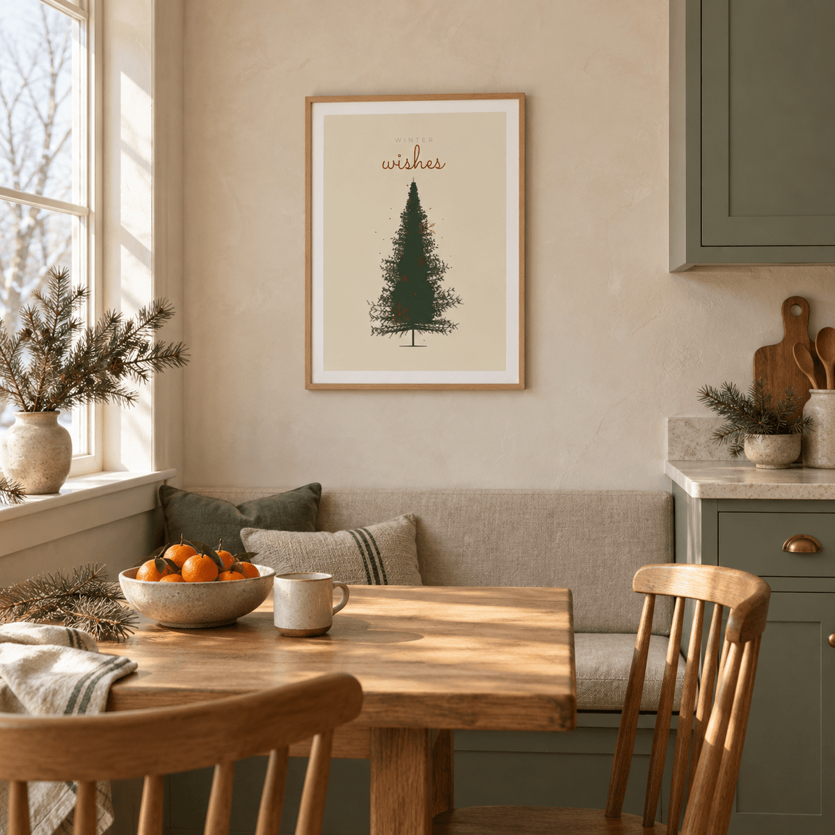 Green spruce Christmas tree print in a kitchen breakfast nook at Christmas