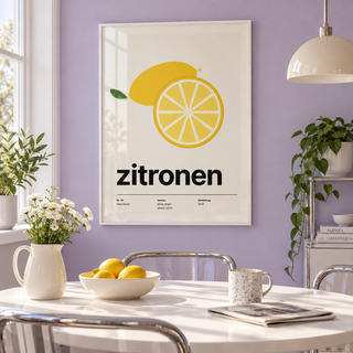 Whole lemon and lemon slice print in a breakfast room against a lavender wall