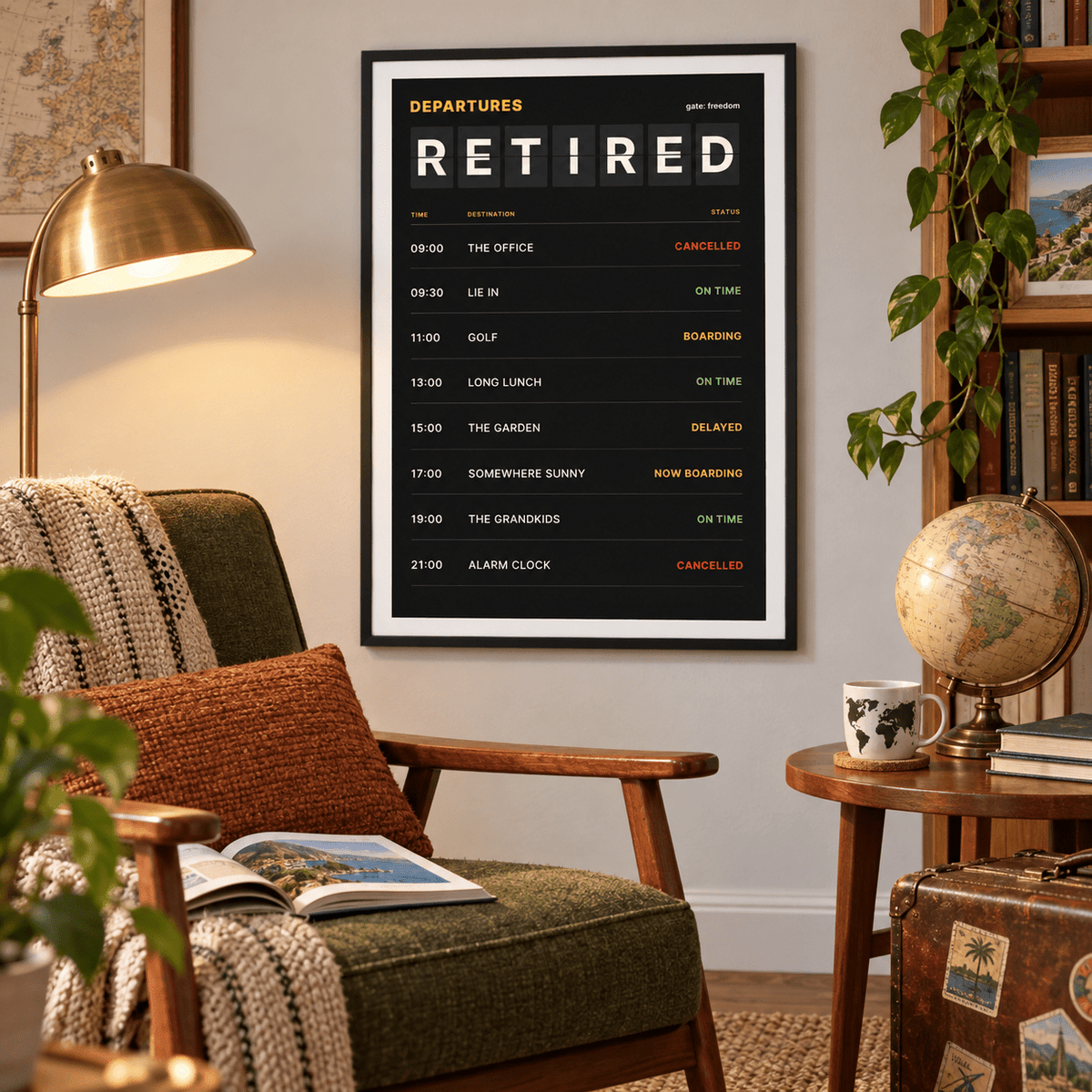 Departures board retirement print above an armchair in a cosy reading corner