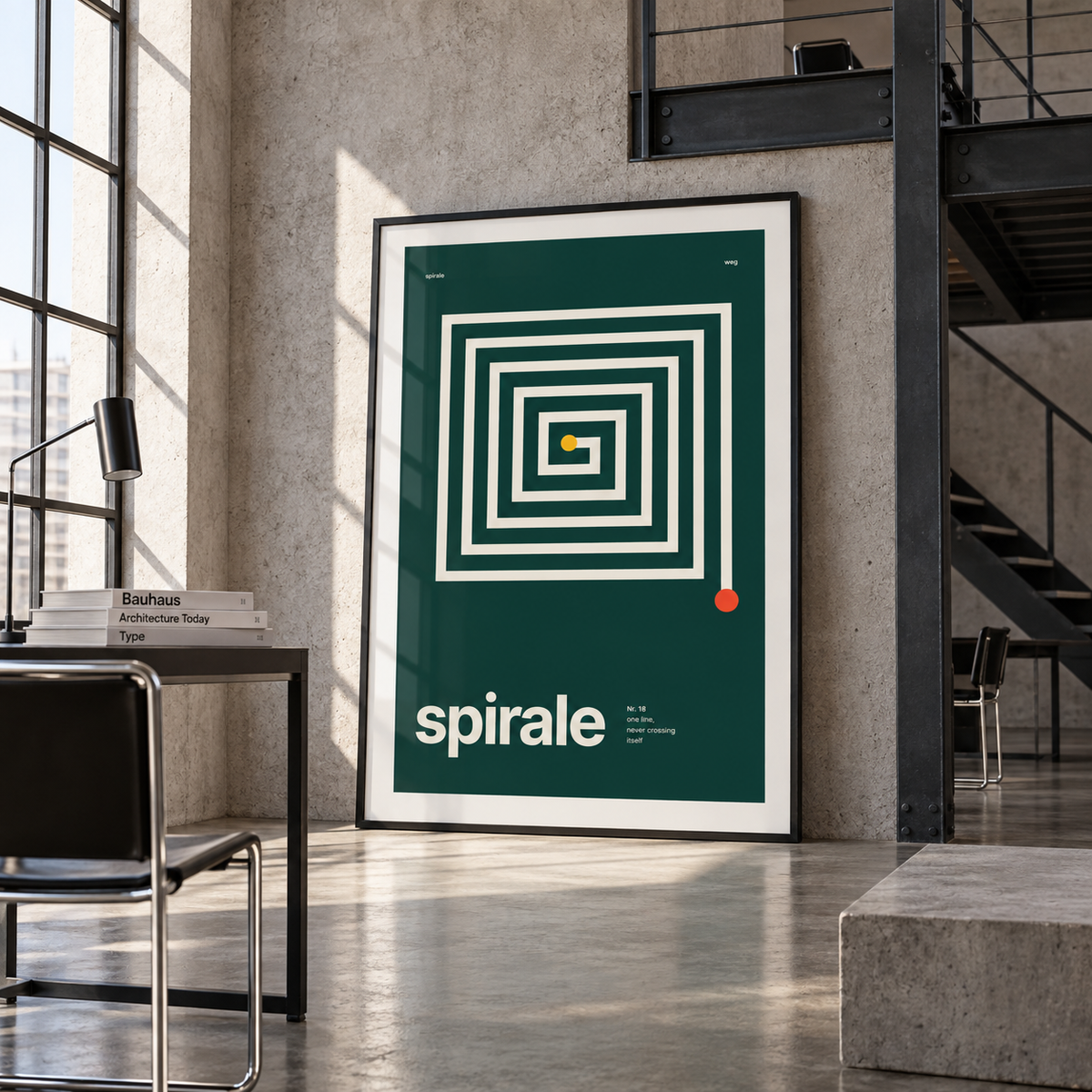 Cream square spiral on deep green print in a modernist studio
