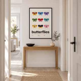 Butterfly specimen print on the wall of a welcoming hallway