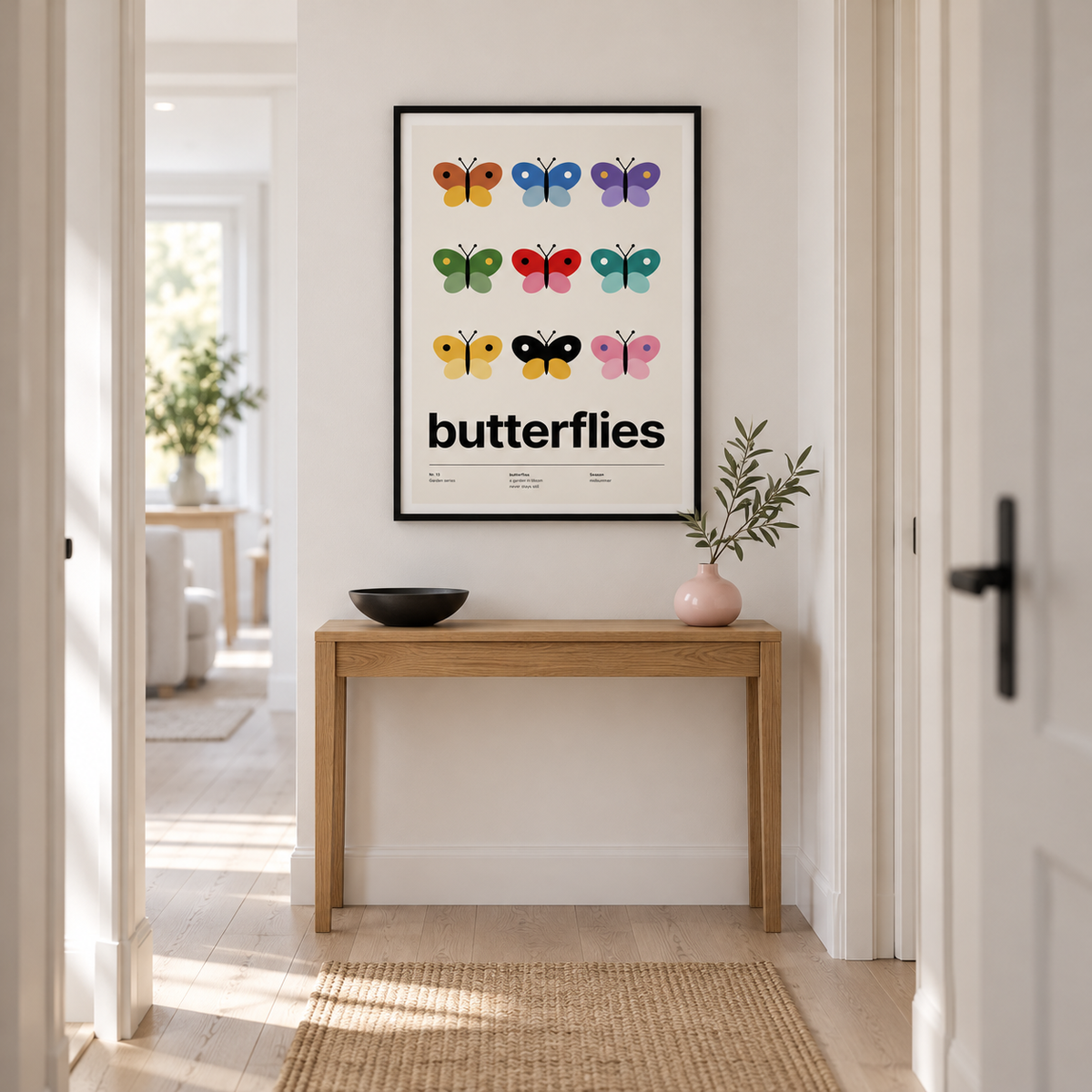 Butterfly specimen print on the wall of a welcoming hallway