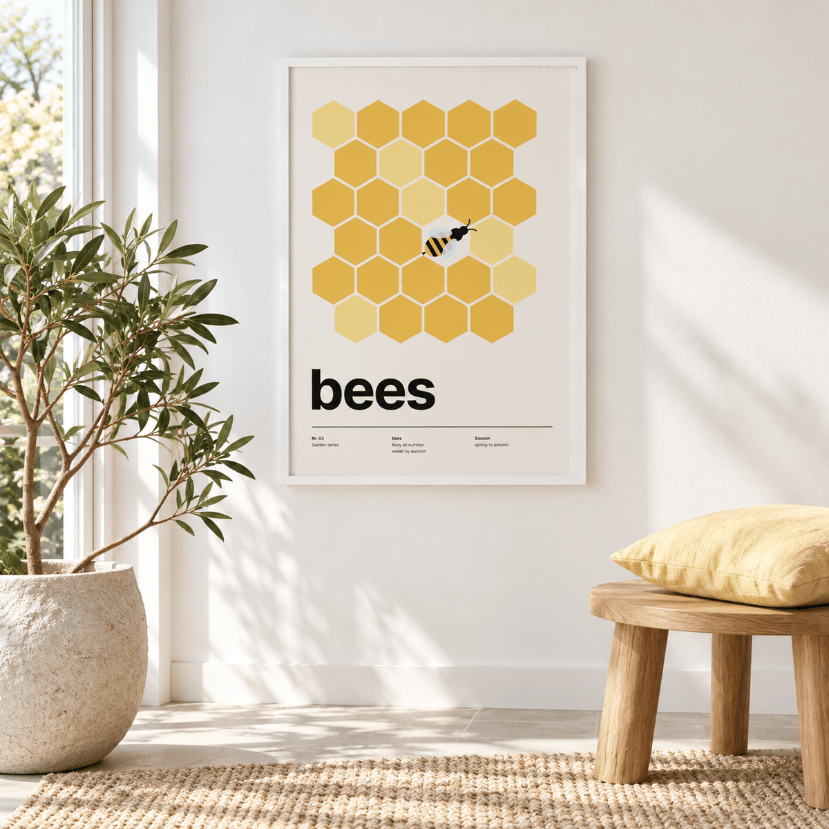 Honeycomb bee print in a garden room filled with green plants