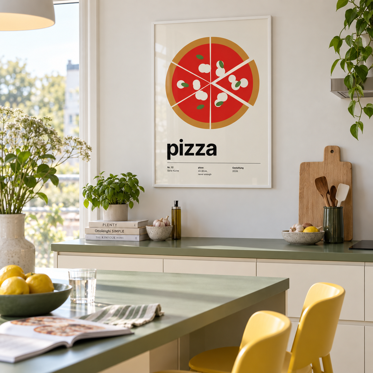 Margherita pizza from above print in a kitchen island against a sage wall