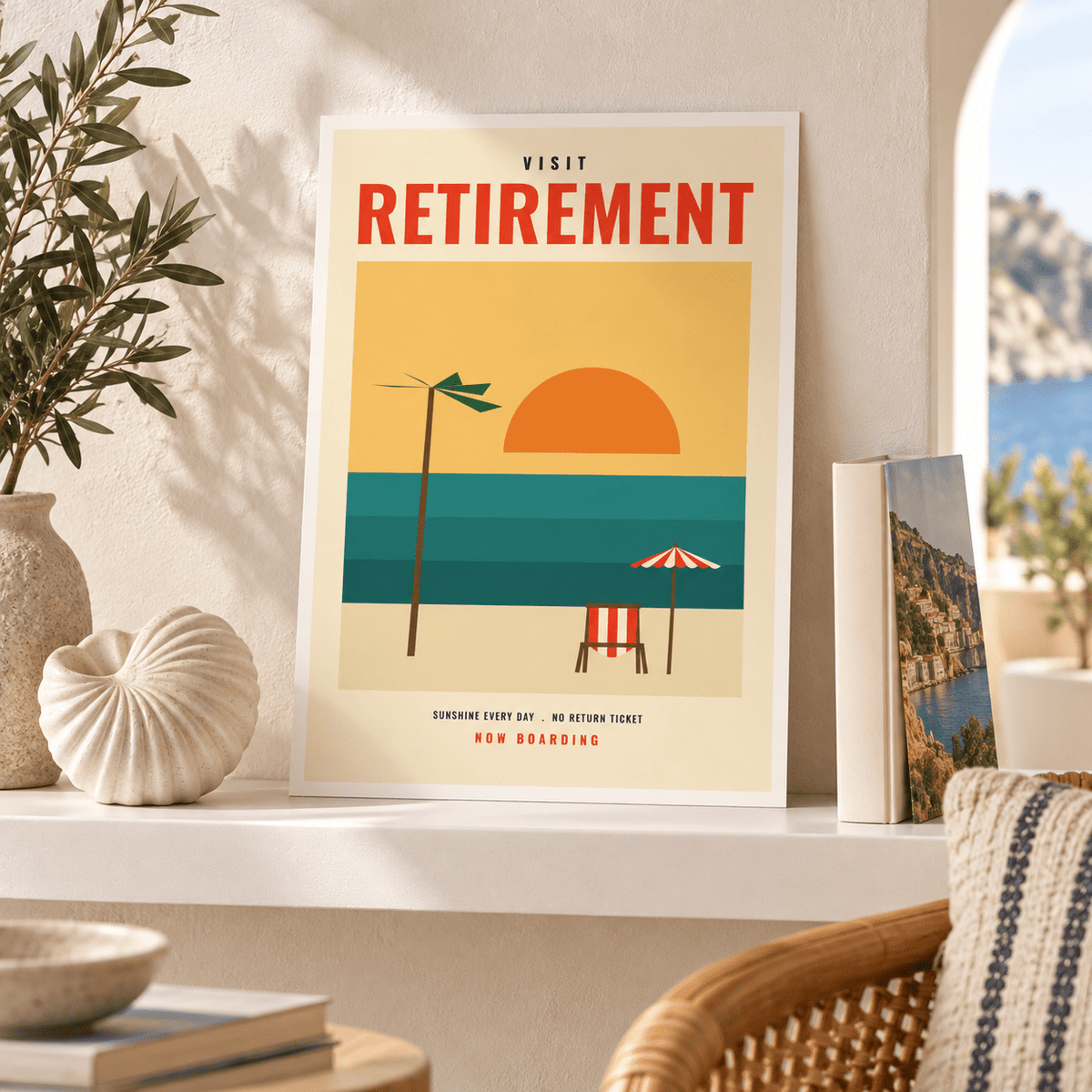 Visit retirement travel print above an armchair in a cosy reading corner