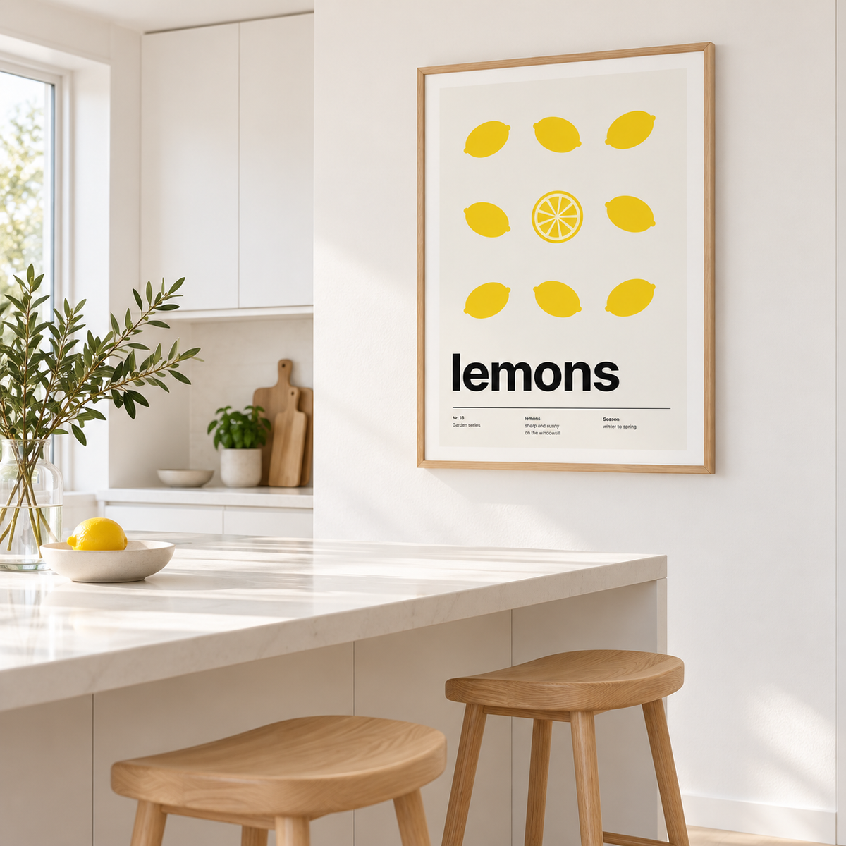 Citrus print above a kitchen island with stools