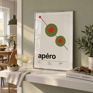 Two olives on a cocktail pick print on a shelf in a floating