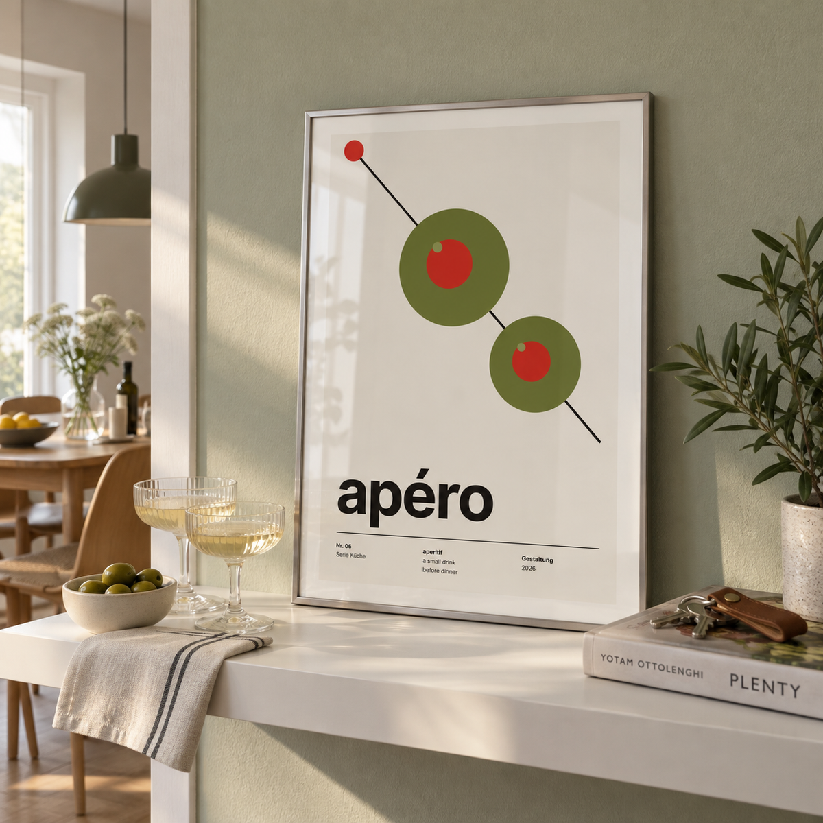 Two olives on a cocktail pick print on a shelf in a floating