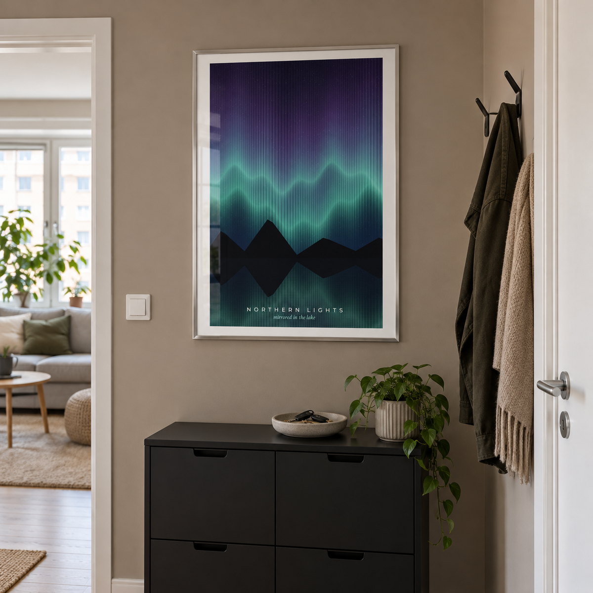 Aurora mirrored in a lake print in a hallway against a taupe wall