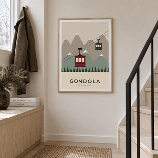 Red alpine gondola print in a stair landing at Christmas