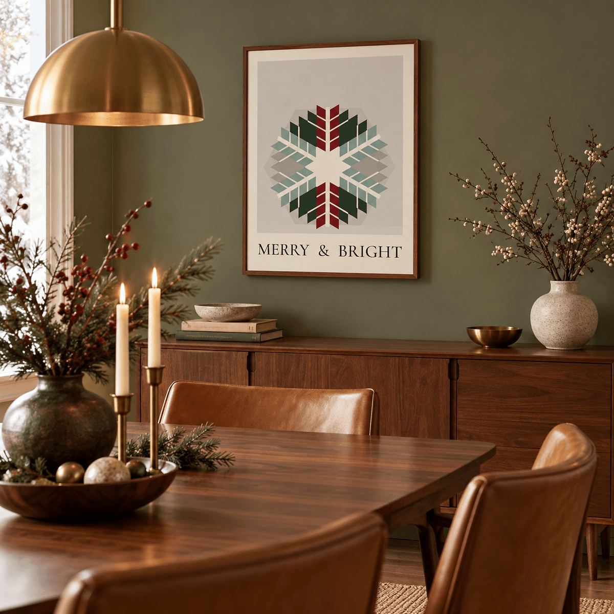 Quilt snowflake Christmas print in a midcentury dining room at Christmas