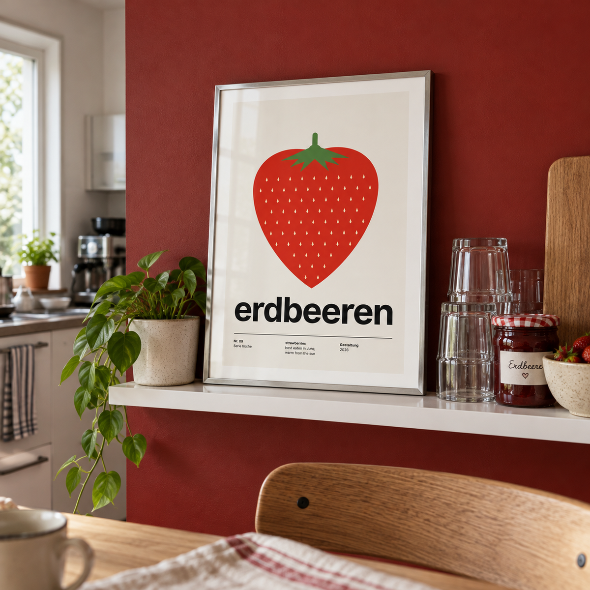 Single big strawberry print on a shelf in a pantry against a red wall