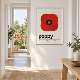 Red poppy print in a hallway leading out to the garden