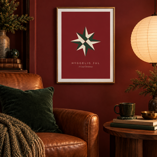 Red paper star Christmas print in a reading nook at Christmas