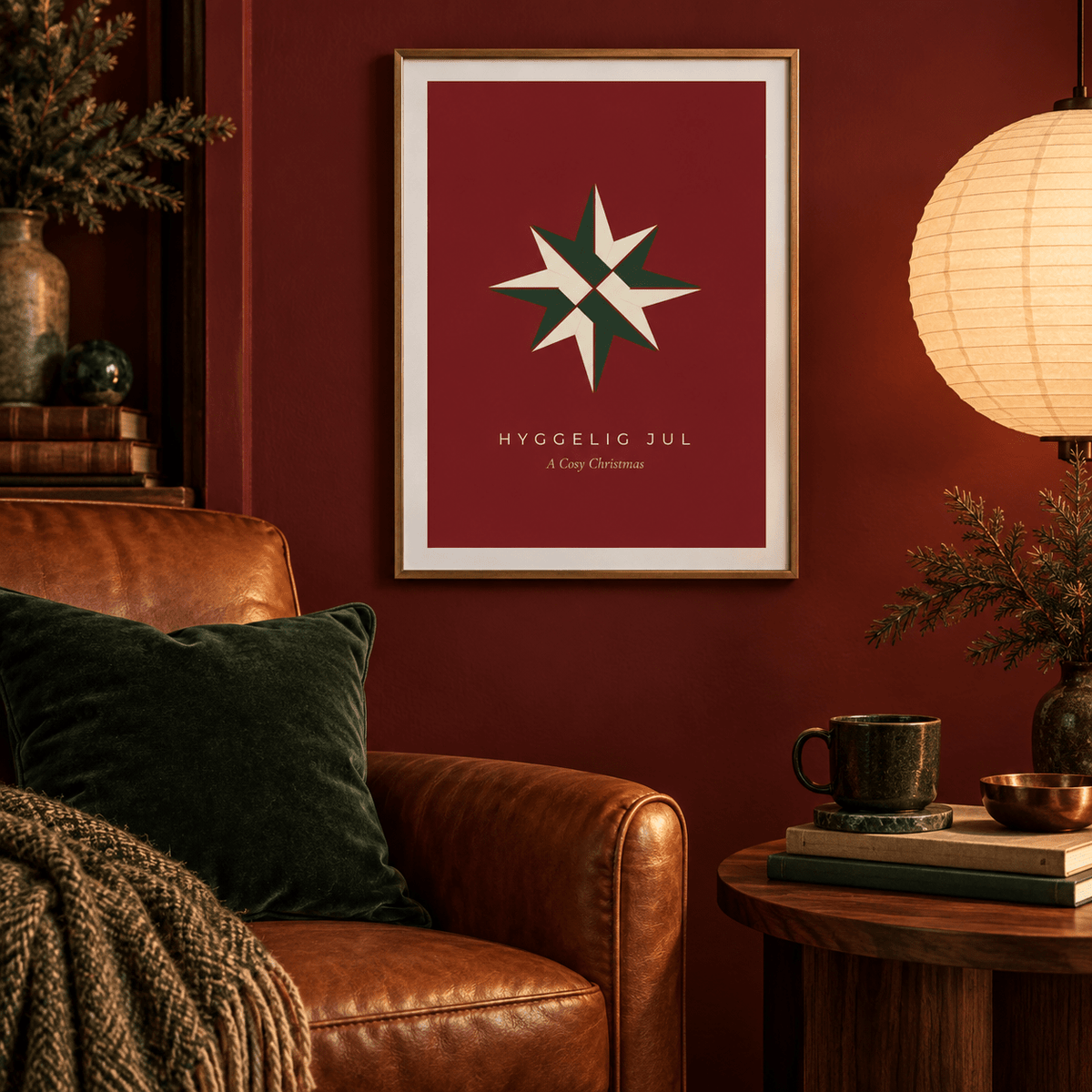 Red paper star Christmas print in a reading nook at Christmas