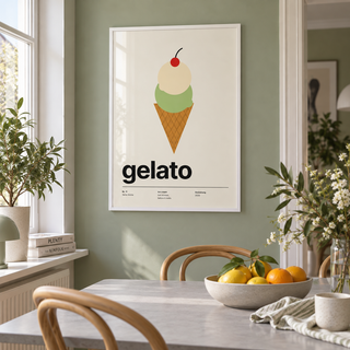 Gelato cone with cherry print in a dining room against a sage wall
